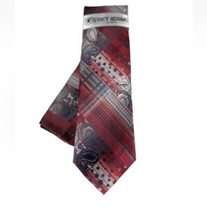 Stacy Adams Men's Tie & Hanky Set Red Charcoal Gray Silver Paisley Stripes 3.25"